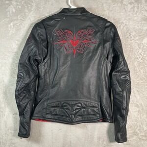 Harley Davidson Leather Jacket Womens XS‎ Embroidered Tribal Black Red Hearts
